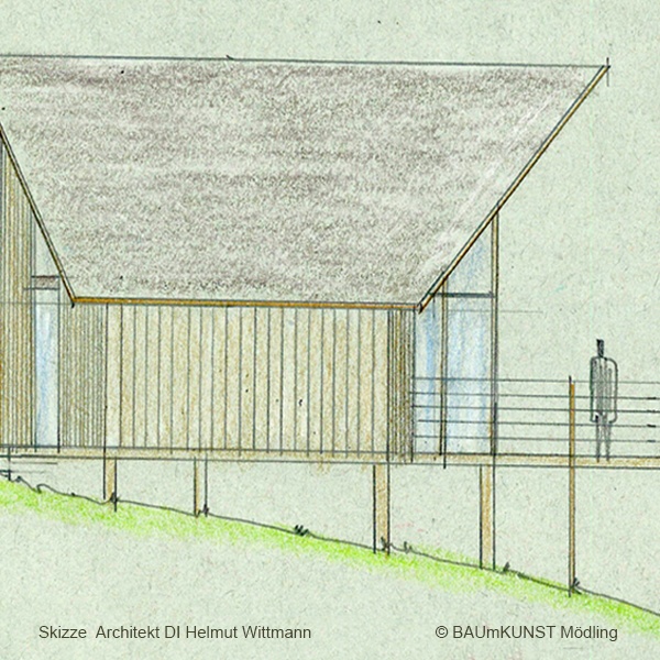 Pläne für einen Pfahlbau / Skizze: Wittmann Skizze eines Baumhaus auf Stelzen